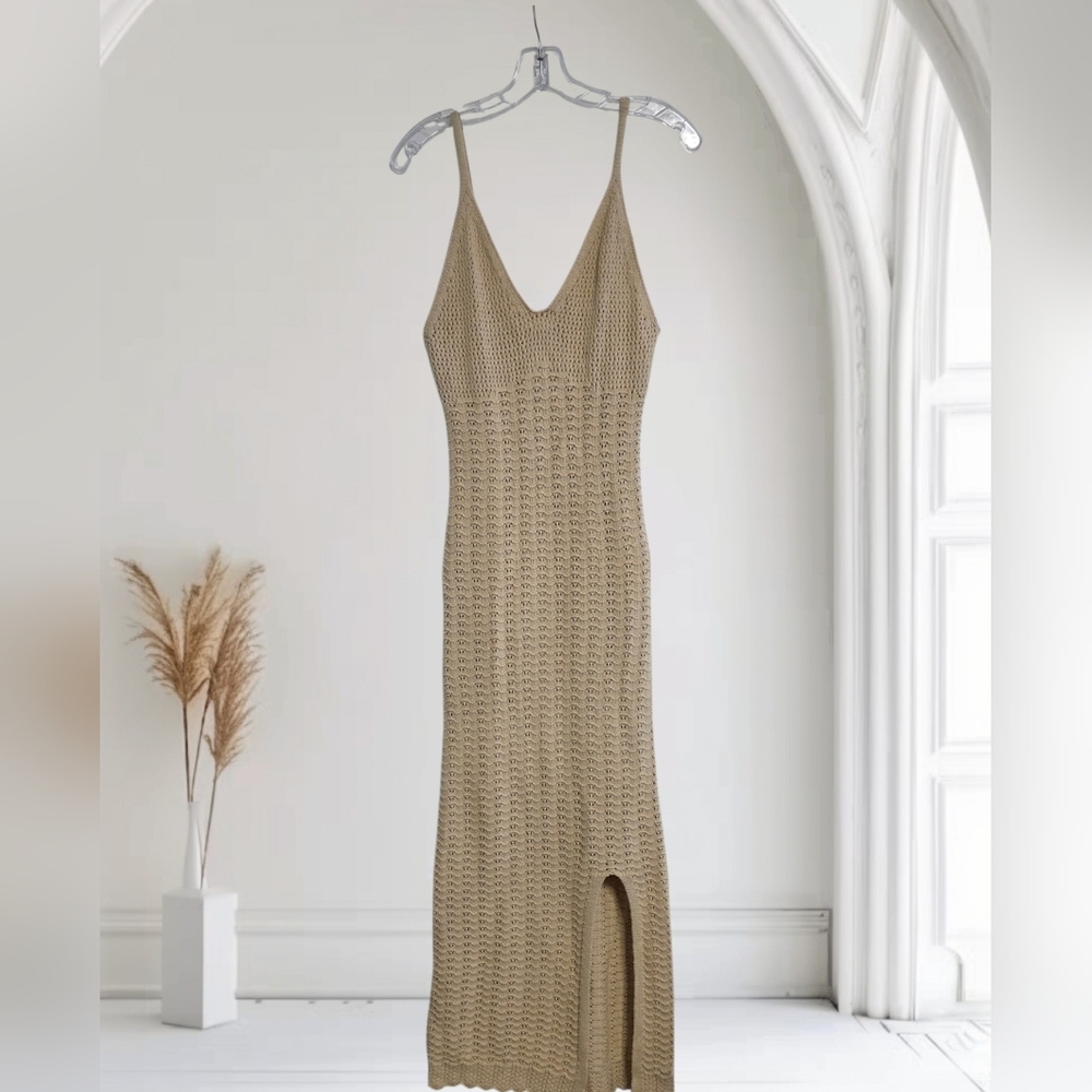 Freshman 1996 Beige Knit Maxi Dress With Slit Size Small